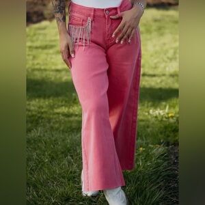 Pink rhinestone fringe cropped wide leg jeans